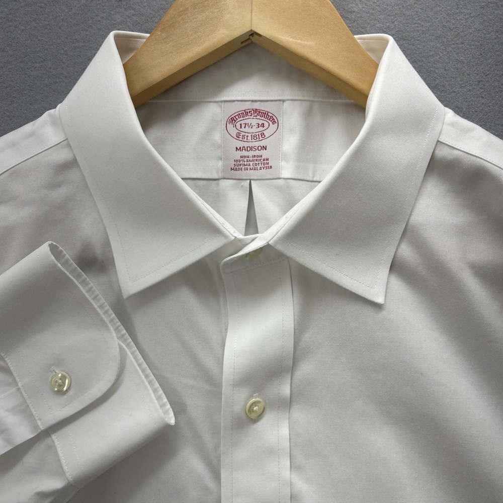 Brooks Brothers Madison Fit Men 17.5 34 Solid White Non Iron Cotton Dress Shirt
